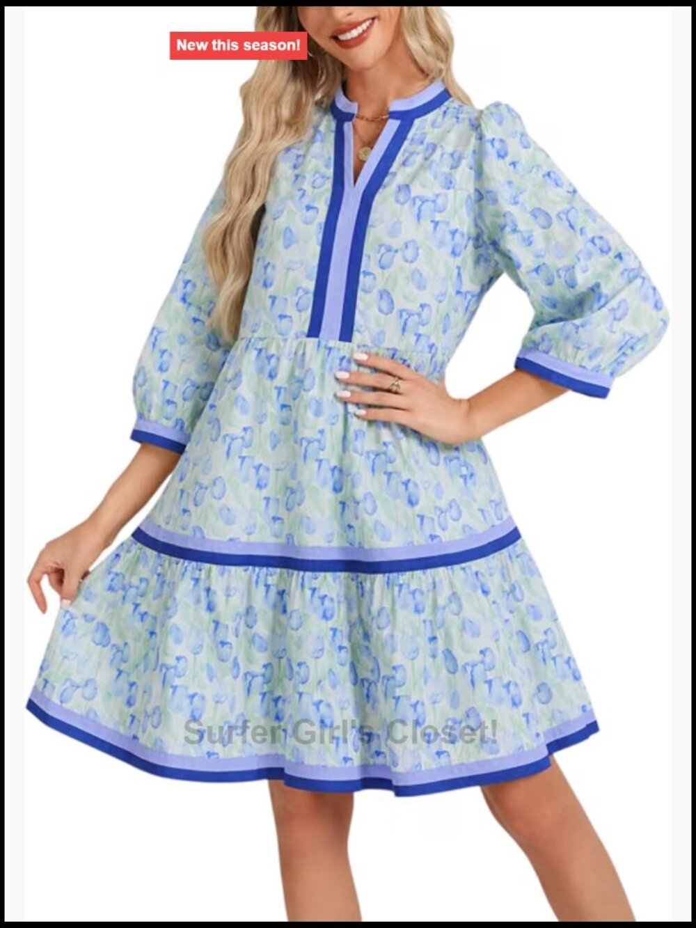 Women's V-Neck 3/4 Puff Sleeve Tiered Babydoll Swing Mini Dress Cotton